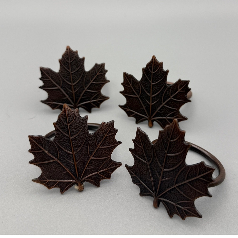 Maple Leaf Napkin Rings Set of 4 Brown Bronze Metal Autumn Fall Table Decor